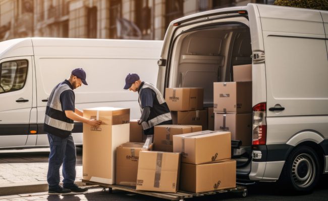 Workers unloading boxes from van outdoors. Moving service. Created with Generative AI technology.